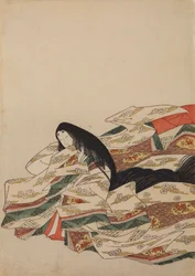 Dama de corte sentada, vuelta hacia la izquierda, lámina del álbum: Nishiki-zuri onna sanjū rokkasen e-zukushi