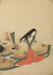 Dama de la corte sentada, mirando hacia la derecha, con un vestido con motivos de medallones; lámina del álbum: «Nishiki-zuri onna sanju rokkasen e-zukushi»