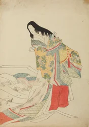 Dama de la corte de pie con abanico, lámina del álbum: Nishiki-zuri onna sanju e-zukushi