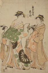 La oiran Katsugano de la casa Kadotama-ya con una acompañante y dos kamuro