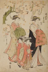 La oiran Renzan, de soltera Tawaraya, con su acompañante y las dos kamuro Chidori y Tatsuta