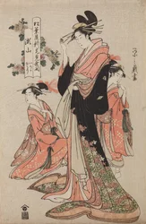 La oiran Seyama de la casa Matsuba-ya con sus kamuro Iroka y Yukari, de la serie: Ceremonia de apertura de la nueva casa Matsuba-ya