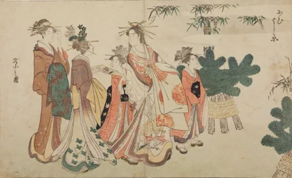 Oiran durante un paseo de Año Nuevo, rodeada de dos shinzo y dos kamuro