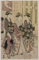 La cortesana Kisagata de Ohishiya paseando de noche con dos Shinzo y un Kamuro