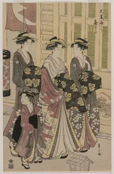La cortesana Kisagata de Ohishiya paseando de noche con dos Shinzo y un Kamuro, c. 1790