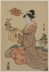 Mujer Sosteniendo un Soporte de Taza de Madera Decorado con Crisantemos (de la serie Imágenes Elegantes de los Cinco Festivales Estacionales)