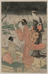 Mujeres junto a un arroyo persiguiendo luciérnagas, mediados de la década de 1790
