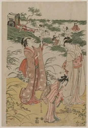 Mujeres persiguiendo grillos en un páramo otoñal, principios de la década de 1790.