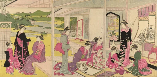 Mujeres viendo pinturas de los dioses de la buena fortuna