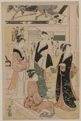 Mujeres visitando un puesto de té en los alrededores de un templo, principios de la década de 1790