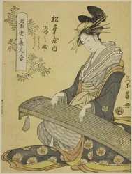 La cortesana Somenosuke del Matsubaya, y las asistentes Wakagi y Wakaba, de la serie "Una comparación de bellezas contemporáneas"