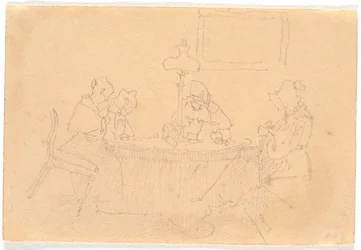Interior de tarde. Cuatro damas alrededor de una mesa, cosiendo a la luz de una lámpara