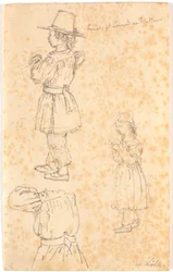 Niño con caña y niña tejiendo