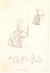 Hoja de Bocetos con Estudios de una Anciana Sentada y Figuras Orantes