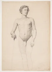 Modelo académico masculino de pie, solo contornos de las piernas