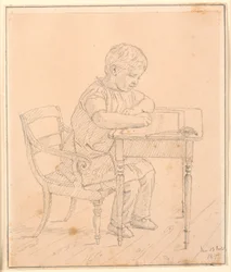 El hijo del artista, Peter, escribiendo en una pizarra