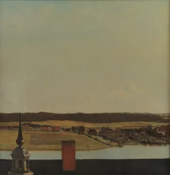Cresta del techo del castillo de Frederiksborg con vista del lago, la ciudad y el bosque
