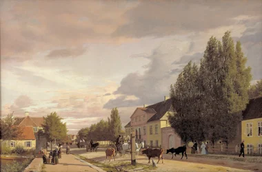 Vista de una calle en Østerbro fuera de Copenhague. Luz de la mañana, 1836