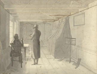 Interior con dos hombres, entre ellos un dibujante
