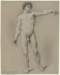 Hombre desnudo de pie, de frente, con el brazo izquierdo extendido hacia la izquierda