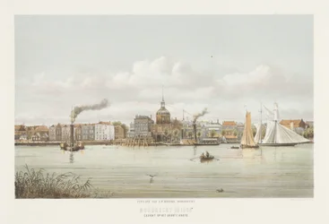 Vista del Groothoofdspoort en Dordrecht Vista de la cabeza grande (título sobre el objeto) Dordrecht en 1864 (título de la serie sobre el objeto)