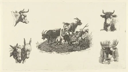 Tres cabras con cabezas de vaca y cabezas de burro a ambos lados