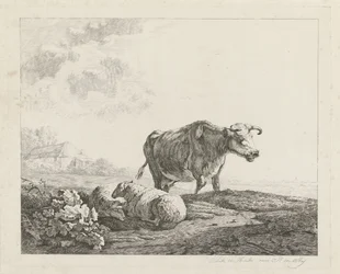 paisaje con una vaca y dos ovejas