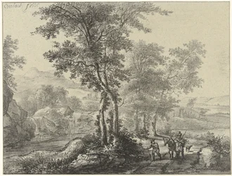 Paisaje boscoso con viajeros.