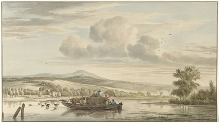 Vista al río con barcaza de heno