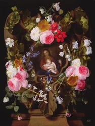 Madonna y el Niño rodeados por una guirnalda de flores