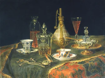 Vasos bohemios, tazas y un reloj