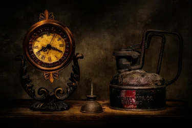 Reloj antiguo y lata de aceite