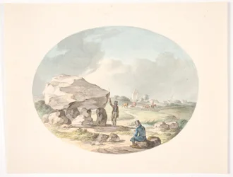 Dolmen fuera de una aldea con una iglesia