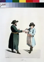Serie sobre los comerciantes de Moscú: vendedor de kvas (kwas o kwass). Vendedor de kvas (de la serie The Moscow Merchants). Dibujo de Christian Gottfried Heinrich Geissler (1770-1844)