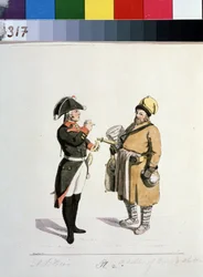 Serie sobre comerciantes de Moscú: vendedor de sbiten. Vendedor Sbiten (De la serie The Moscow Merchants). Dibujo de Christian Gottfried Heinrich Geissler (1770-1844)
