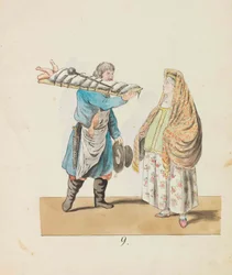 Carnicero con cerdo en la tabla y mujer comerciante De la serie San Petersburgo