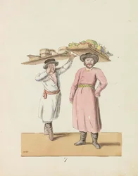Vendedor de frutas y campesino vendiendo queso y arenque De la serie San Petersburgo..., 1799