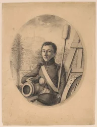 Retrato de un joven soldado, con un kepi en la mano derecha, sosteniendo el cañón de un arma (¿autorretrato?)