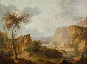 Paisaje de montaña con río y granja