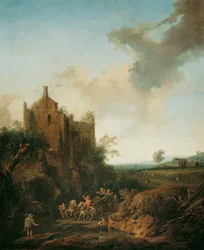 Paisaje con ruinas de castillo y carruaje tirado por caballos