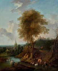 Paisaje con tres árboles y una iglesia.