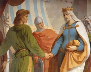 Parzival despidiéndose de su madre, la Reina Herzeloyde, del ciclo de Parzival, Sala de los Cantores, c.1883-84
