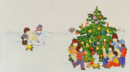 Cantantes de villancicos frente a un árbol de Navidad