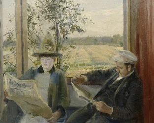 Oda Krohg leyendo Verdens Gang (óleo sobre lienzo)