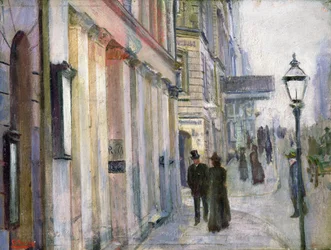 La esquina de Karl Johan y Dronningens (Queens) Street (óleo sobre lienzo)
