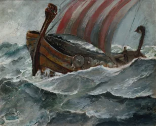 Barco vikingo con mal tiempo