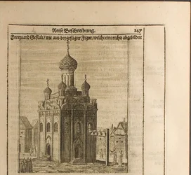 Catedral en el Kremlin de Moscú. Ilustración de Viajes al Gran Duque de Moscovia y el Rey