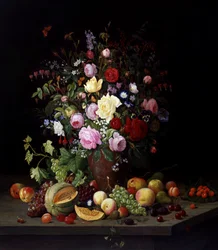 Bodegón de flores y frutas. Pintura de Christian Mollback (1853-1921) Colección particular.