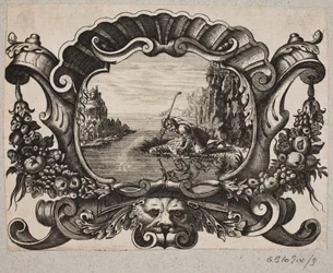 Emblema con pastor mirándose en un lago