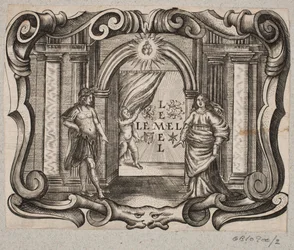Emblema con portal, hombre y mujer, amorino y dos corazones ardientes
